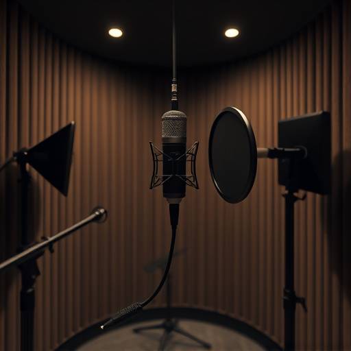 Interior of a soundproofed vocal booth at Aetheria Soundscapes, featuring a Neumann microphone