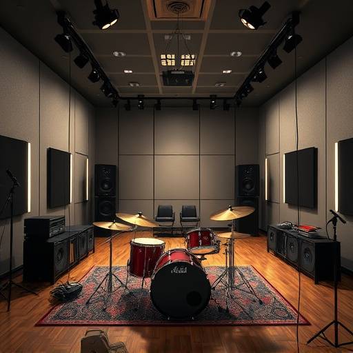 Interior of a spacious live recording room at Aetheria Soundscapes, set up for drum recording