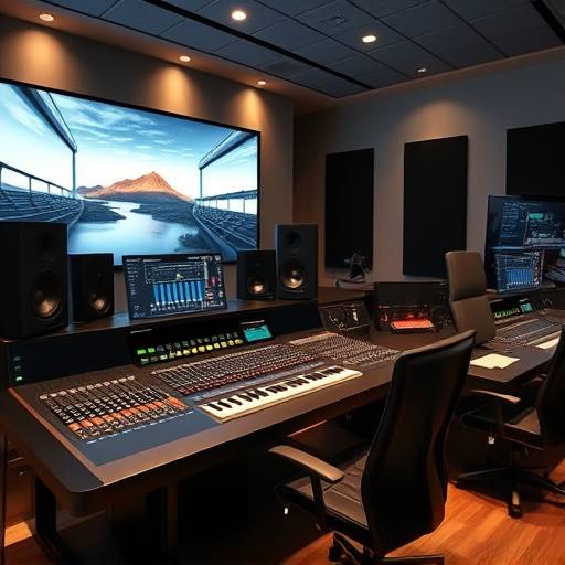 Modern mixing console in a well-lit control room at Aetheria Soundscapes